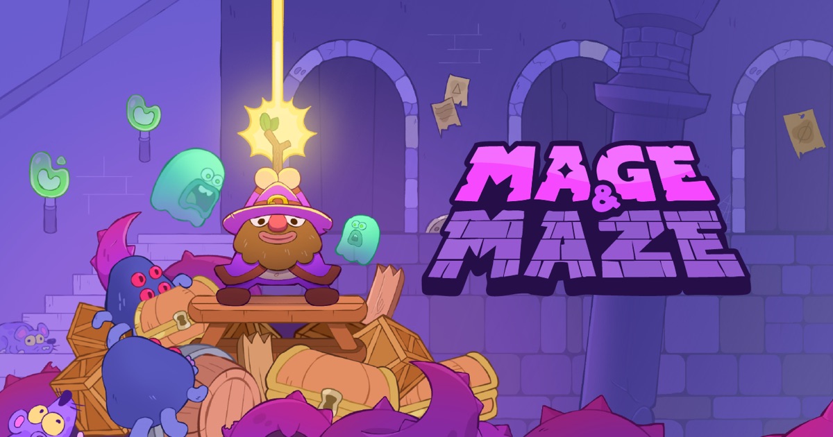 Mage & Maze key art: a wizard sitting on a pile of treasure chests in a dungeon